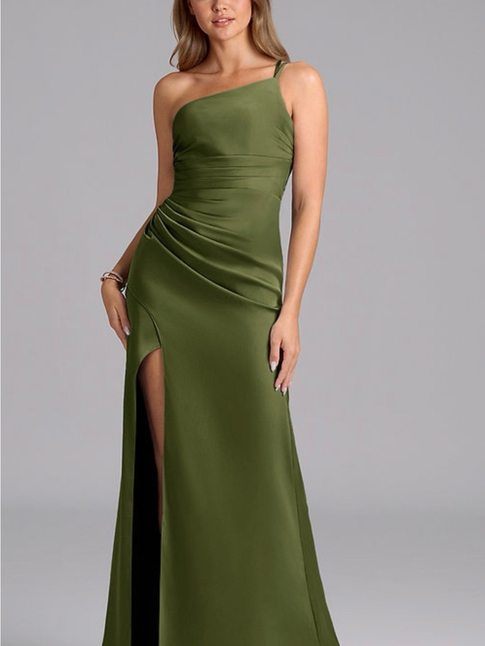 Azazie Olive Green One-Shoulder Satin Gown